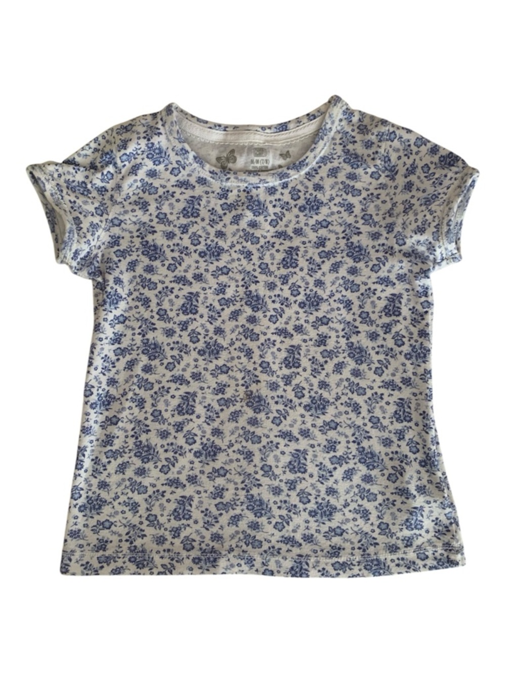 Faded Glory Girls M 7 8 Blue White Floral T Shirt Scallop Lace Trim Cap Sleeve